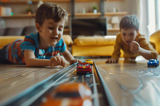 Niños jugando con coches en una pista