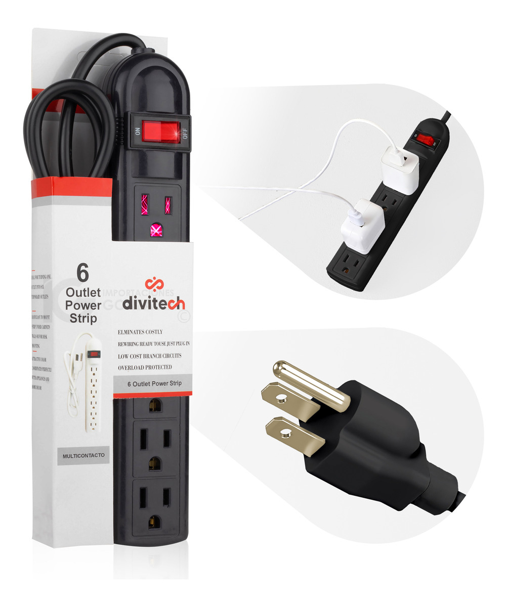 Multicontacto Divitech® 6 Entradas Cable De Cobre Calibre 16 Awg. 1800 Watts Color Negro ELACMU-0002 110V
