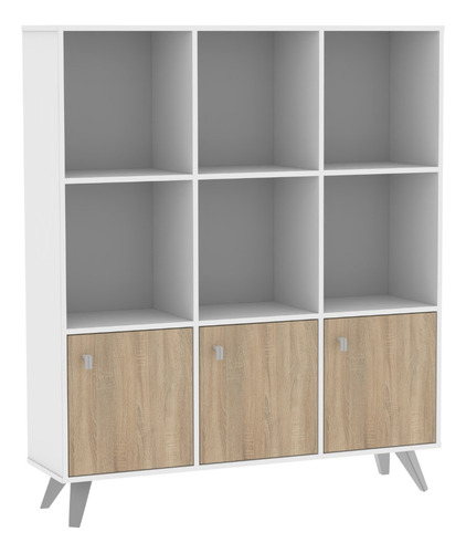 Contenedor Biblioteca Estanteria Modulo De 3 Cuerpos Y 3 Puertas Escandinavo Blanco Con Roble Dielfe