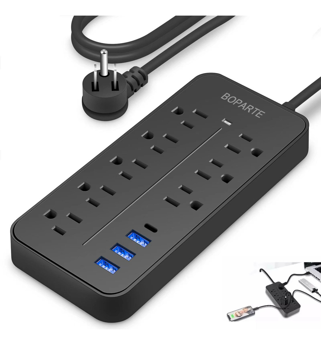 Boparte EL08 Extension Black 110V/220V 8 Tomas 1.2 m