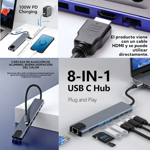 RIZZUP® Caviglte Tipo C Hub 8 En 1 Adaptador Usb C A Hdmi Con Ethernet