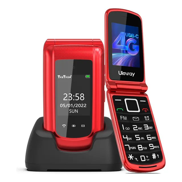 Uleway Teléfono Móvil Flip Para Adultos Mayores, 4g Lte, Dual Sim, Botón Sos, Botones Grandes, Larga Espera, Linterna, Cámara, Fm, Doble Pantalla