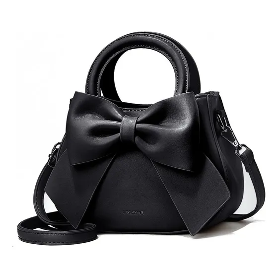 Bolso Bandolera De Piel Con Lazo Exquisito Para Mujer Acabado De Los Herrajes Níquel Color Negro Correa De Hombro Negro Diseño De La Tela Cuero