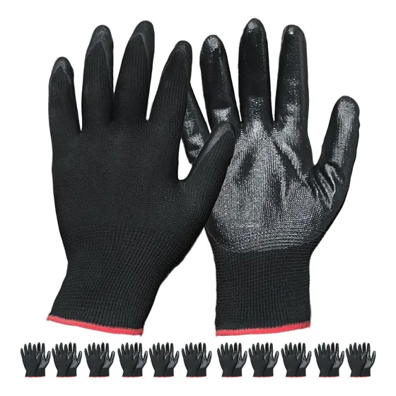 Guante Nylon Negro Recubiertos Palma Nitrilo Seguridad 12pcs